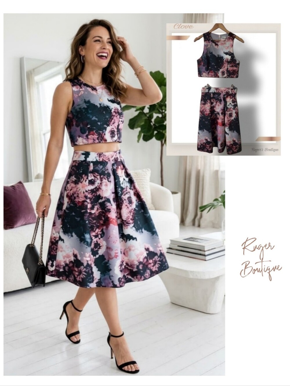 🌿Clove Women's size 4 Two Piece Vibrant Multi Print Crop Top Lined Skirt